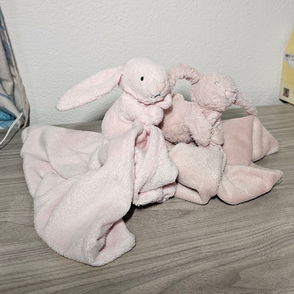 Lot of 2 Jellycat Bashful Rabbit Soother Lovey Pink WELL LOVED SHAGGY